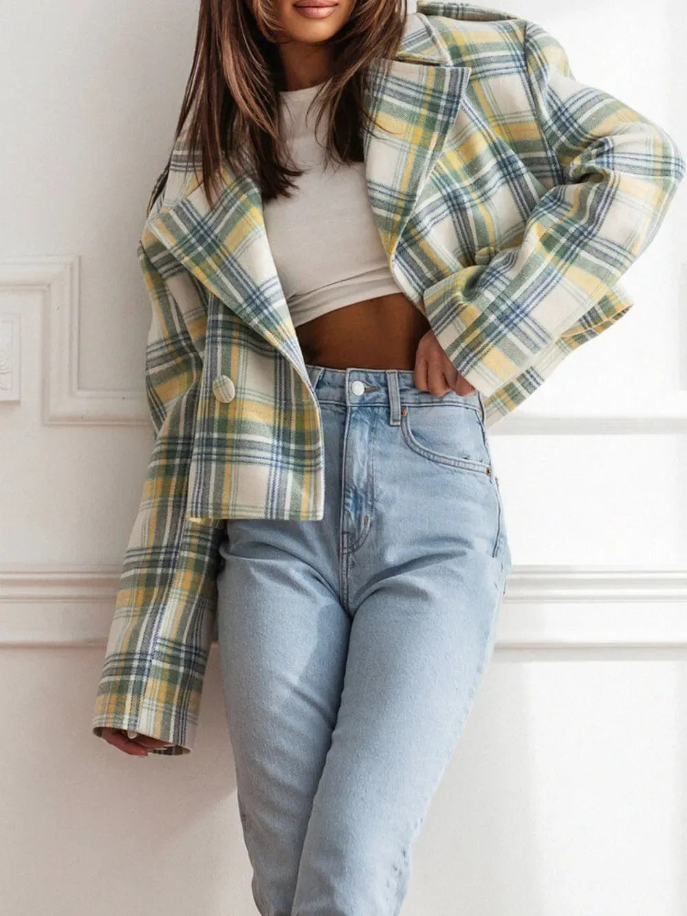 Lapel Collar Plaid Cropped Jacket - Makw Official Site