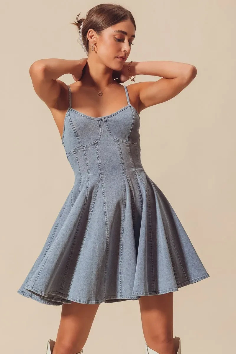 SO ME A Line Fit and Flare Denim Mini Dress - Makw Official Site