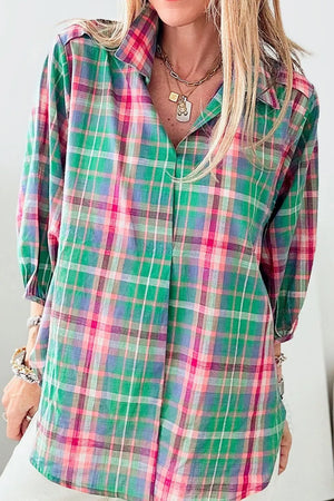 Plaid Collared Neck Three-Quarter Sleeve Shirt - Makw Official Site