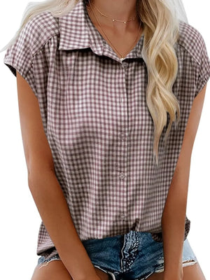 Plaid Button Up Cap Sleeve Shirt - Makw Official Site