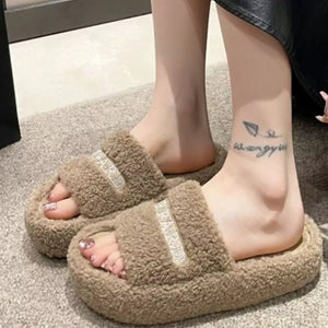 Fuzzy Plush Open Toe Slippers - Makw Official Site