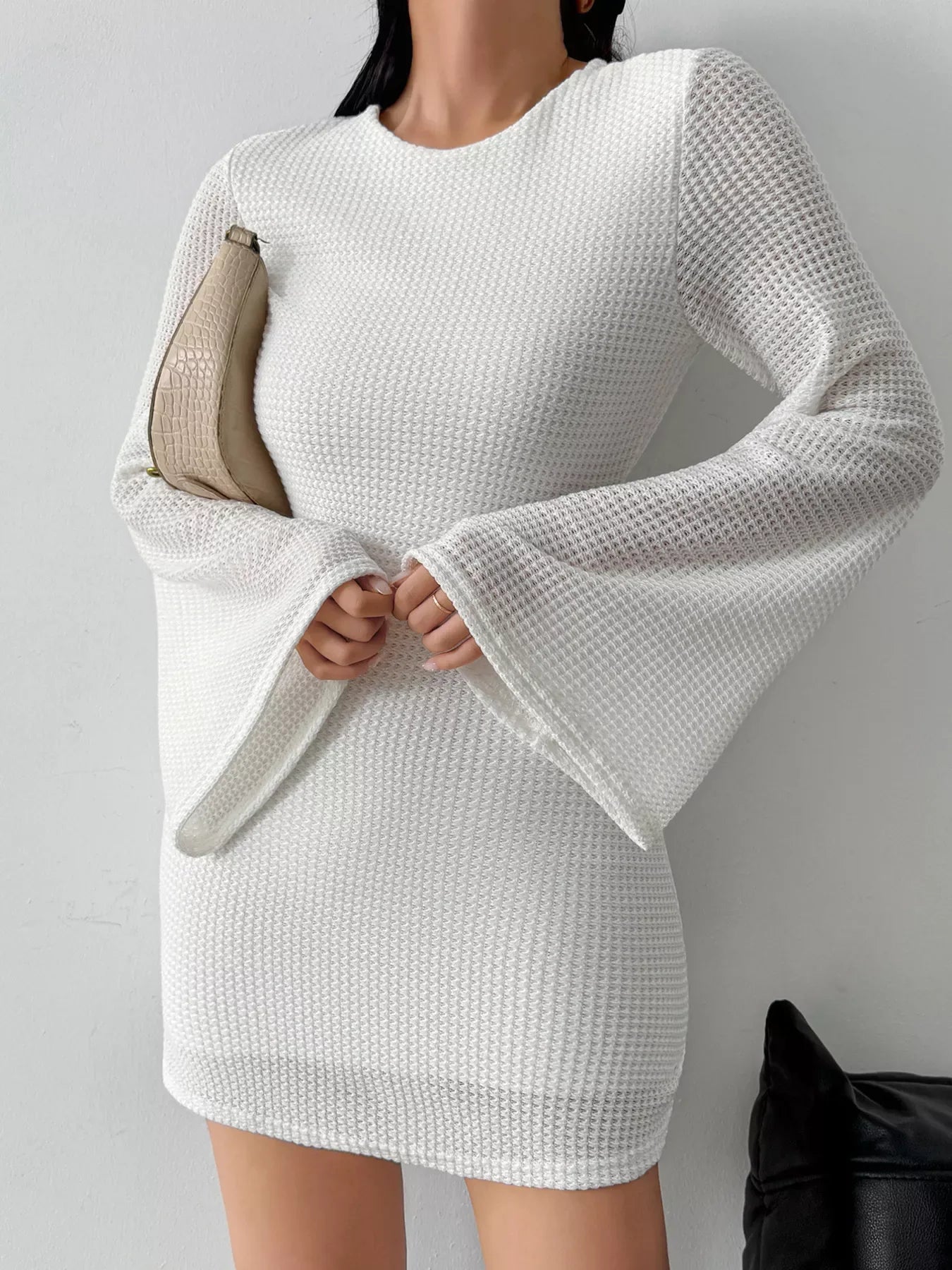 Backless Waffle Knit Flare Sleeve Mini Dress - Makw Official Site