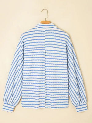 Stripe Half Button Collared Chest Pockets Loose Fit Blouse - Makw Official Site