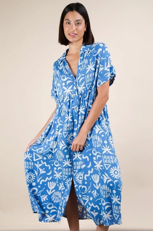 VERY J Plus Size Oversized Printed Shirt Midi Dress - Makw Official Site