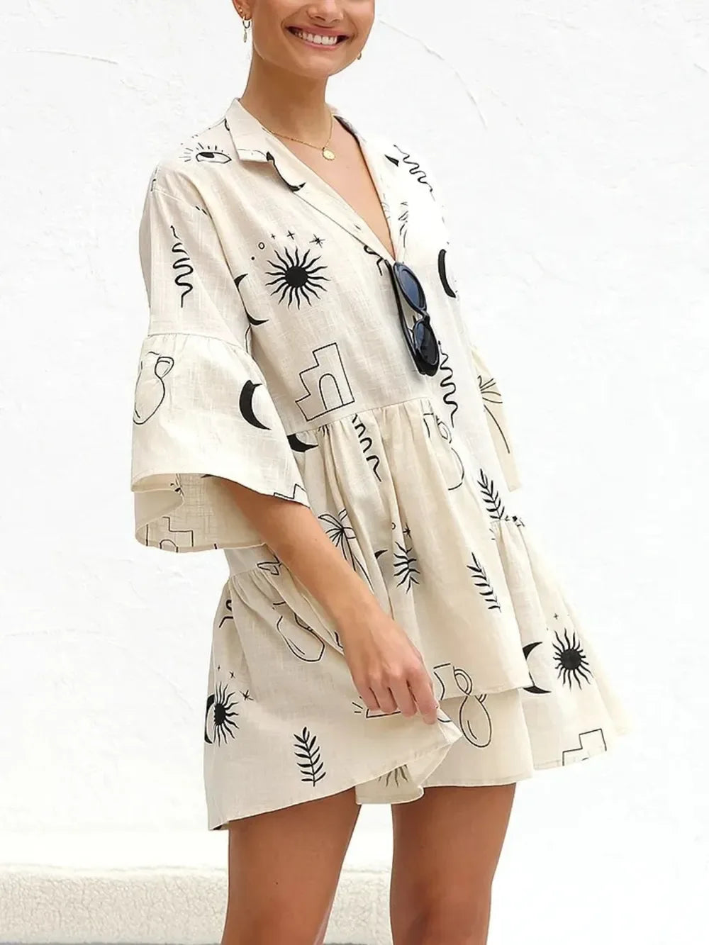 Printed Collared Neck Three-Quarter Sleeve Mini Dress - Makw Official Site