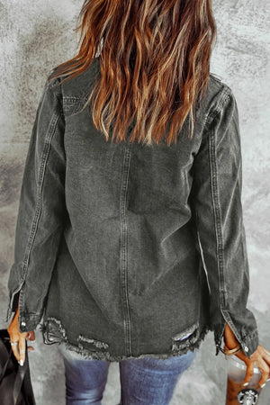 Distressed Raw Hem Snap Down Denim Jacket - Makw Official Site
