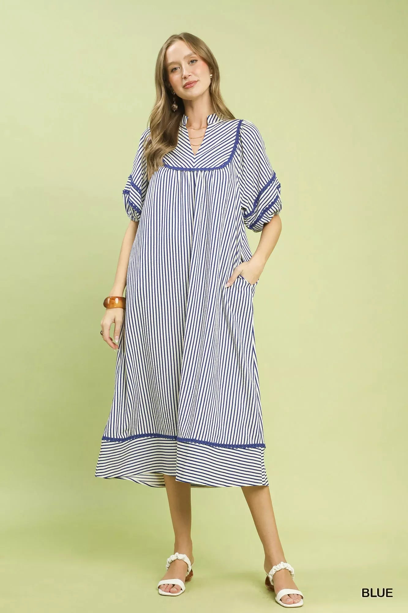 Umgee Striped Puff Sleeve Midi Dress - Makw Official Site