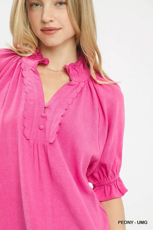 Umgee Linen Scalloped Ruffle Neck Blouse - Makw Official Site
