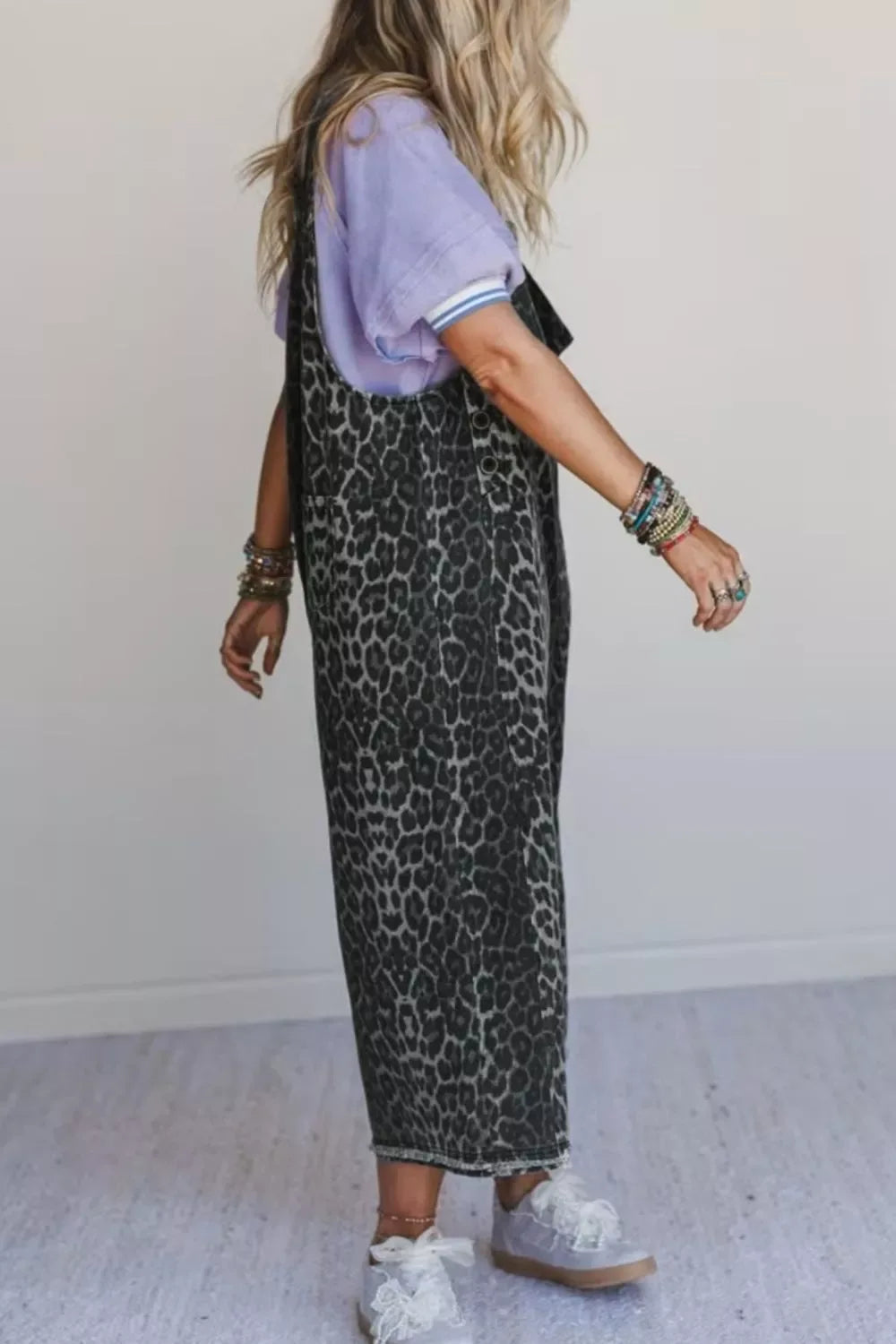 Leopard Print Button Adjustable Straps Cropped Loose Denim Overalls - Makw Official Site