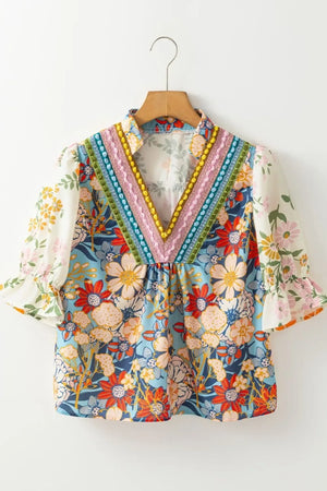 Multicolour Crochet V Neck Half Sleeve Boho Floral Blouse - Makw Official Site