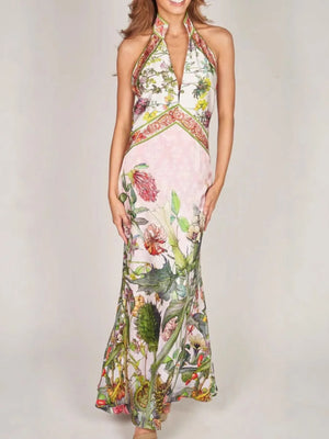 Printed Halter Neck Backless Maxi Dress - Makw Official Site