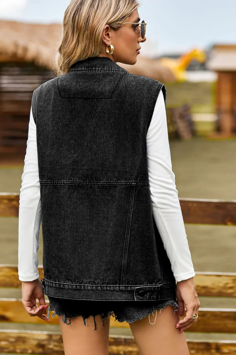 Sleeveless Collared Neck Denim Top with Pockets - Makw Official Site