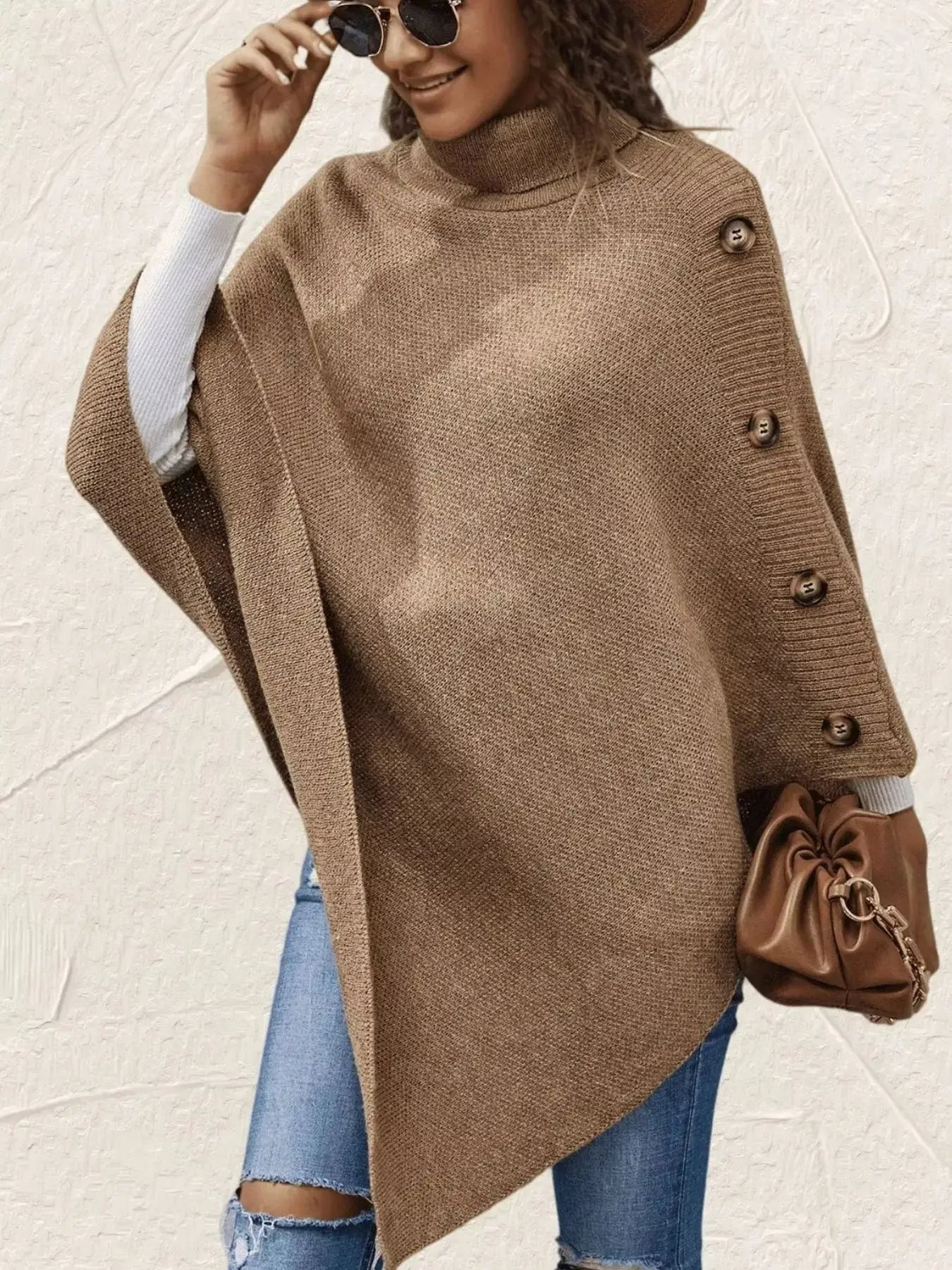 Button-Decor Turtleneck Poncho Pullover - Makw Official Site