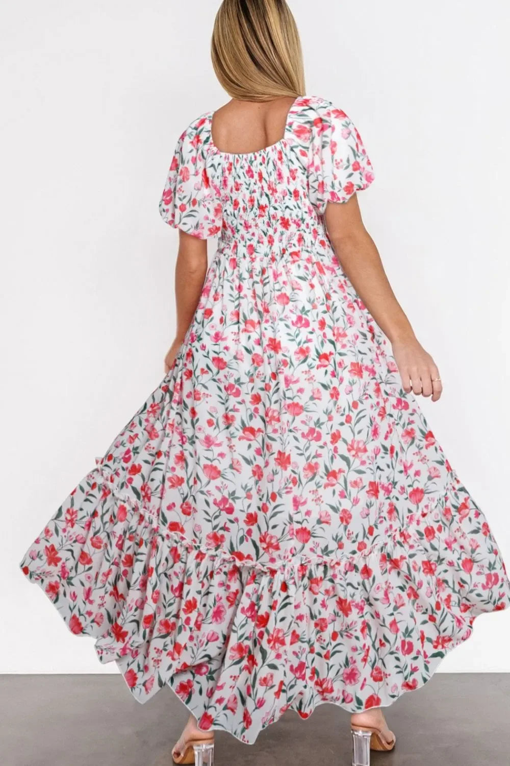 Floral Short Puff Sleeve Tiered Dress - Makw Official Site