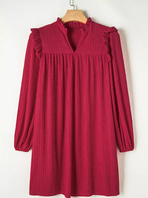 Textured Ruffled Trim Loose Fit Mini Dress - Makw Official Site