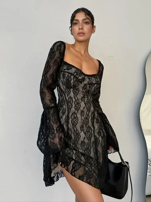 Lace Sweetheart Neck Flare Sleeve Mini Dress - Makw Official Site