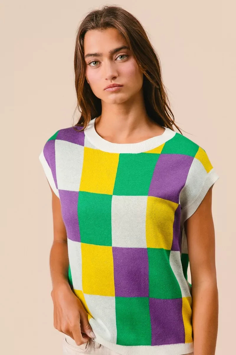 BiBi Mardi Gras Checker Pattern Sleeveless Sweater Top - Makw Official Site