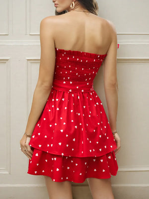 Smocked Heart Print Tube Dress - Makw Official Site