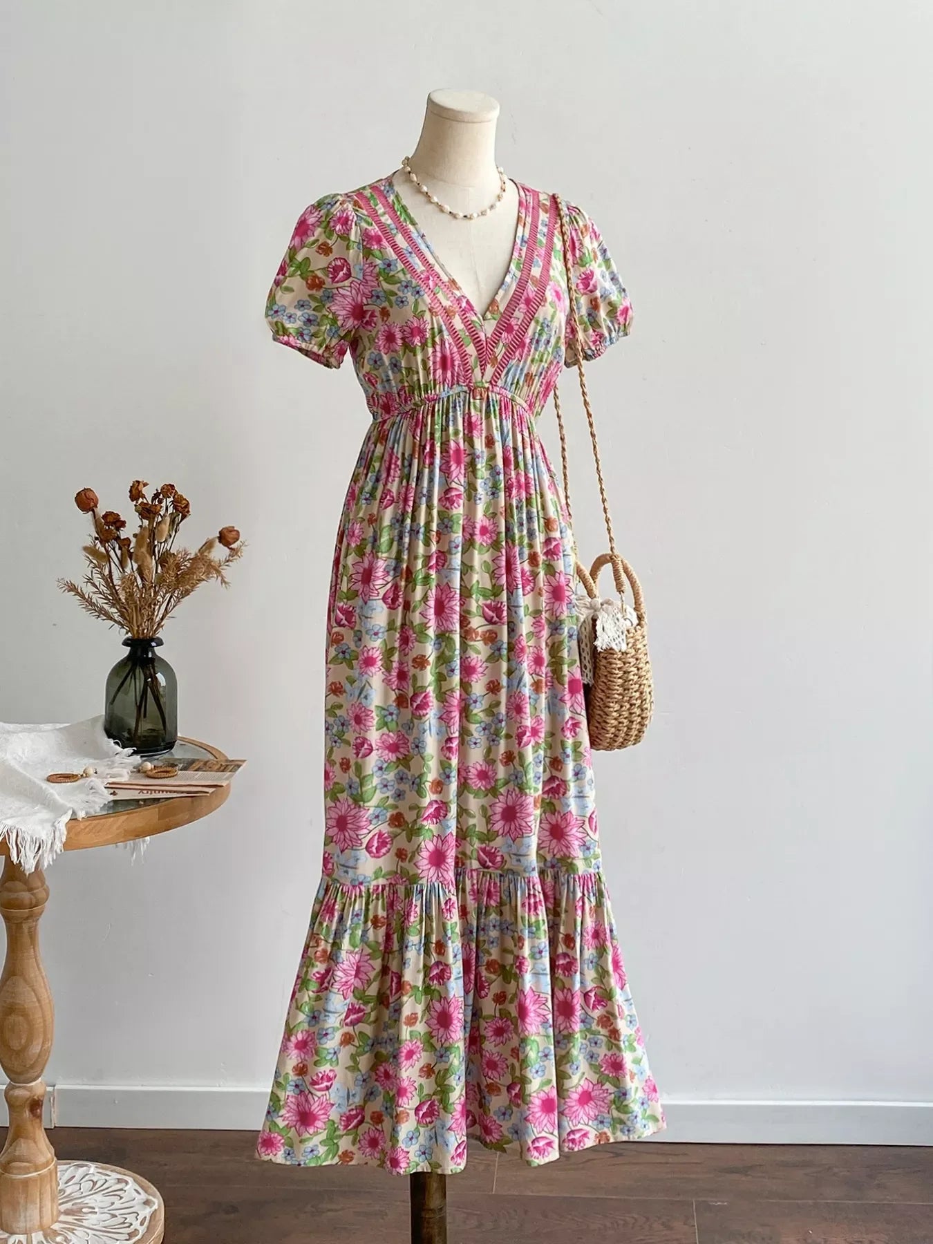 Floral Print V-Neck Puff Sleeve Dress - Makw Official Site
