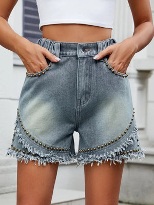 Raw Hem Studded Denim Shorts - Makw Official Site