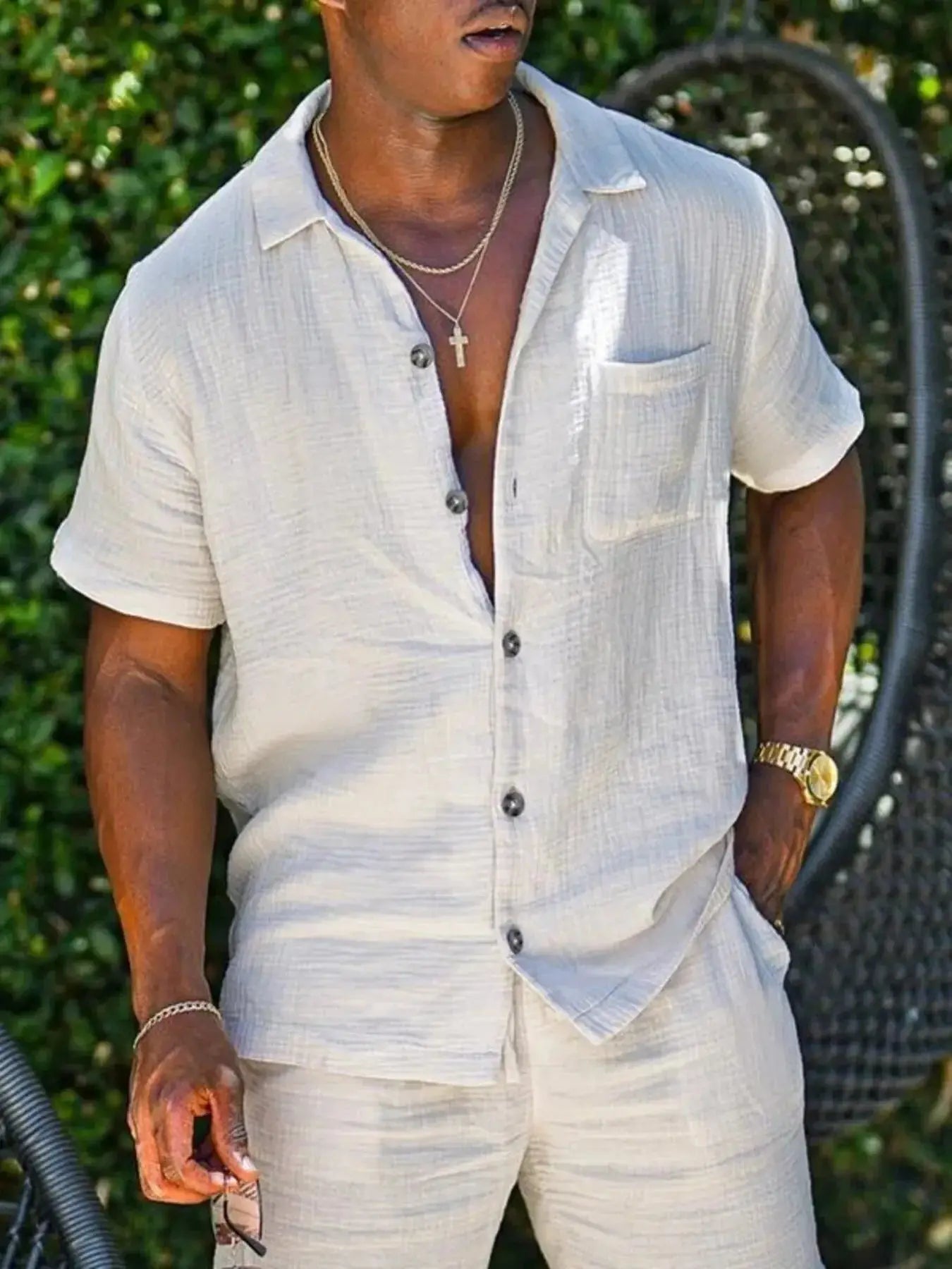 Men's Full Size Button Up Short Sleeve Shirt and Shorts Plus Size - Makw Official Site