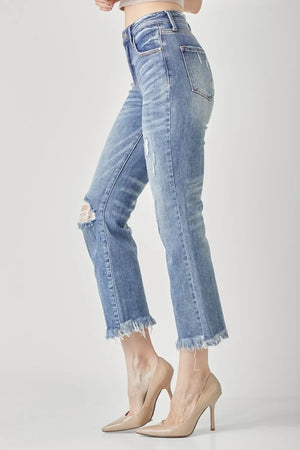 RISEN High Waist Distressed Cropped Bootcut Jeans - Makw Official Site