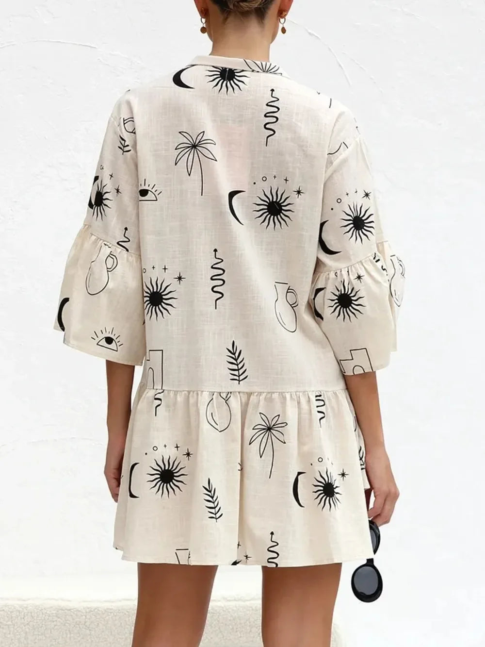 Printed Collared Neck Three-Quarter Sleeve Mini Dress - Makw Official Site