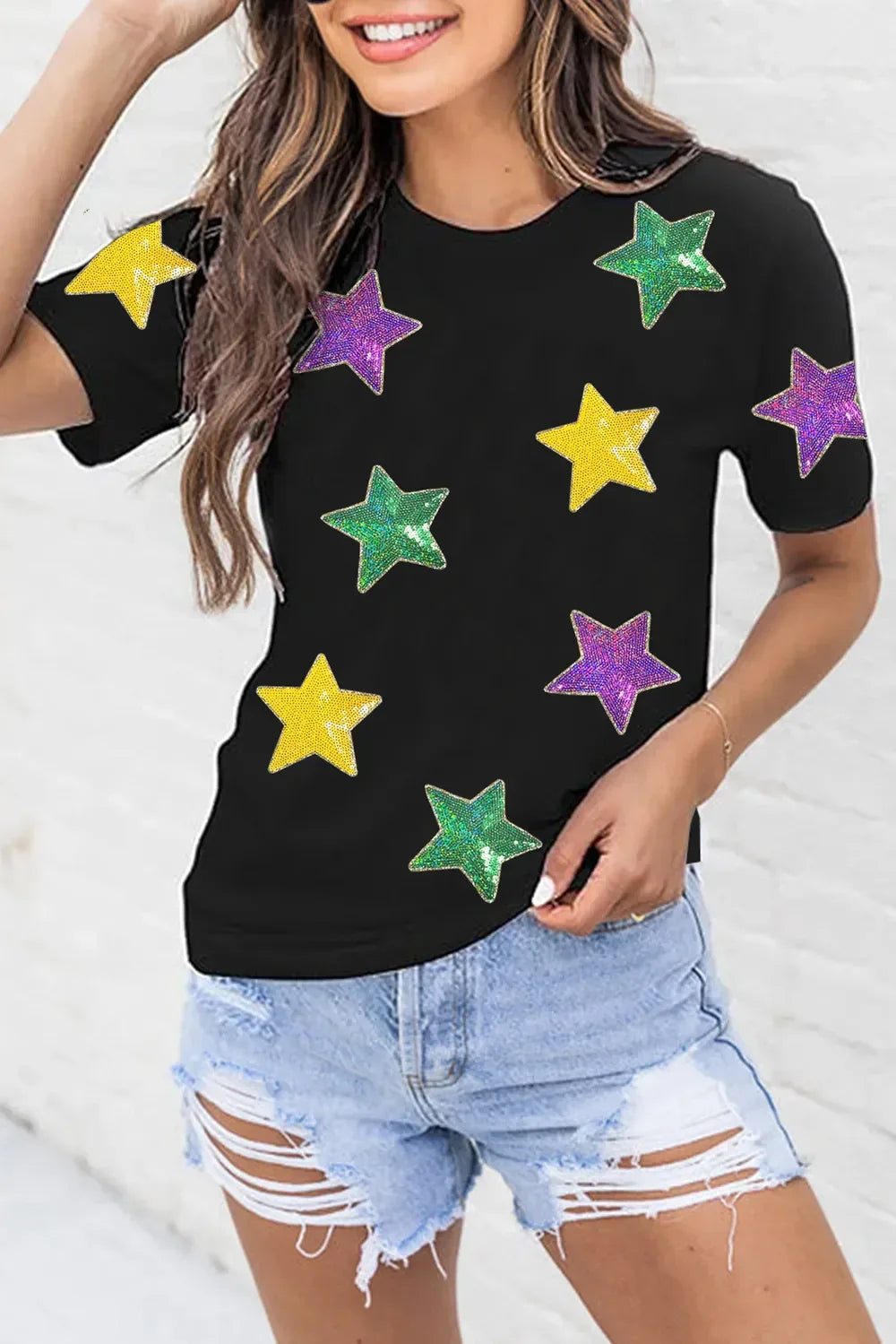 Sequin Stars Patched Round Neck T-Shirt - Makw Official Site