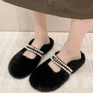 Pearl Embellished Plush Slippers - Makw Official Site