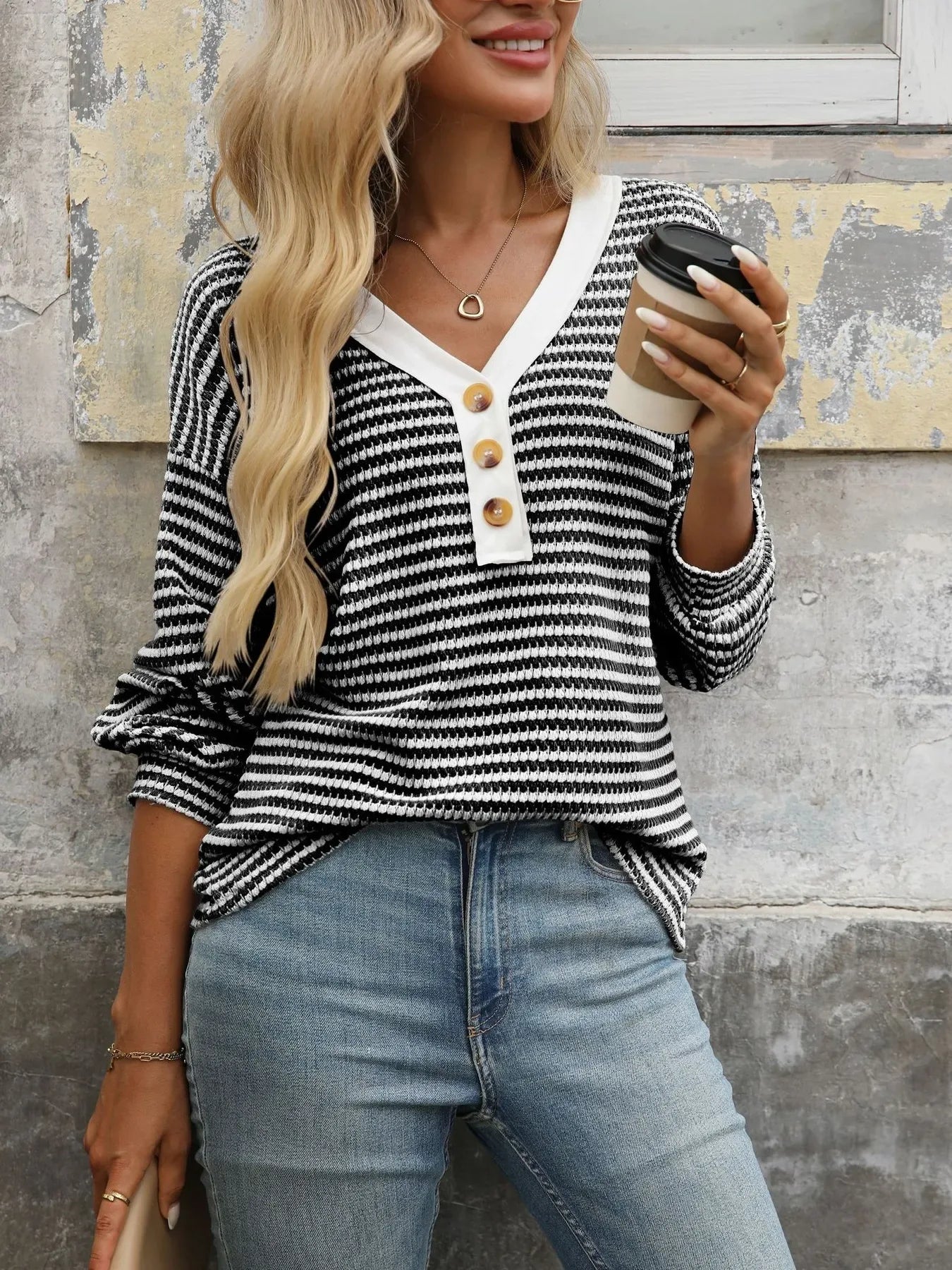 Striped V-Neck Button Front Casual Top - Makw Official Site