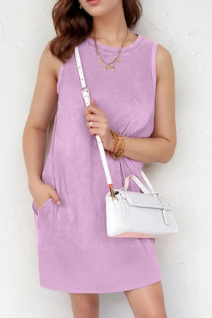 Round Neck Sleeveless Mini Dress with Pockets - Makw Official Site