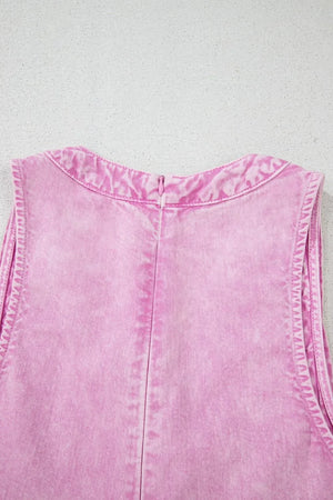 Mineral Wash Pleated Bust V Neck Sleeveless Denim Romper - Makw Official Site