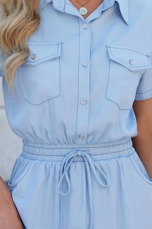 Drawstring Collared Neck Short Sleeve Denim Dress - Makw Official Site