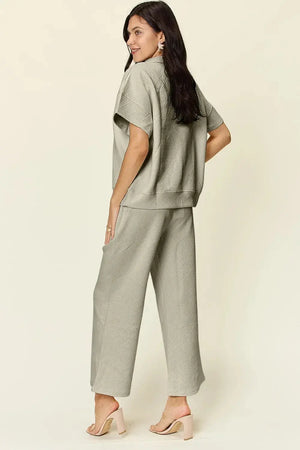 Double Take Full Size Texture Half Zip Short Sleeve Top and Pants Set - Makw Official Site