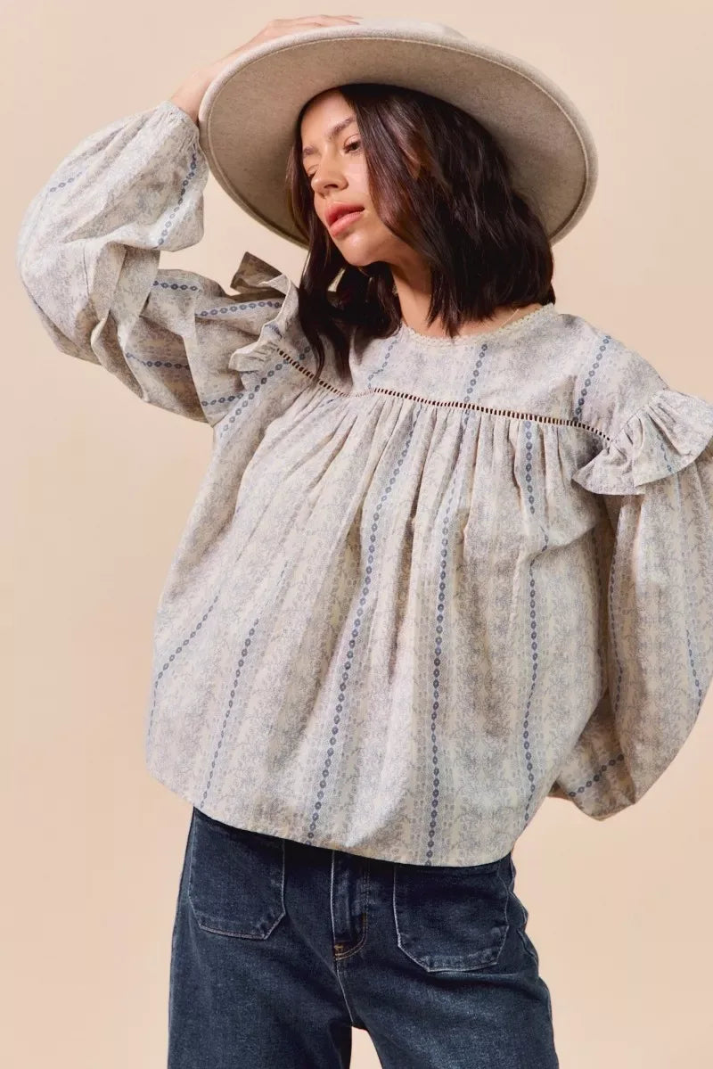 SO ME Floral Cotton Print Ruffled Long Sleeve Blouse - Makw Official Site