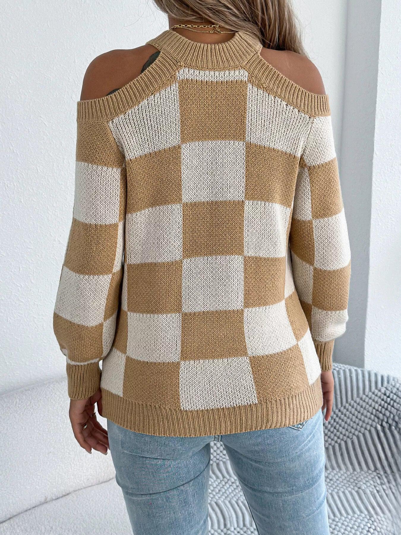 Cold Shoulder Checkered Long Sleeve Sweater - Makw Official Site