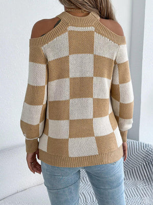 Cold Shoulder Checkered Long Sleeve Sweater - Makw Official Site