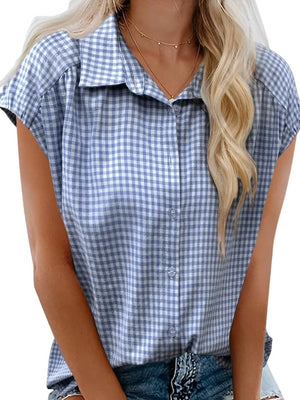 Plaid Button Up Cap Sleeve Shirt - Makw Official Site