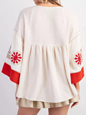 Printed V-Neck Top with Contrast Trim Details - Makw Official Site