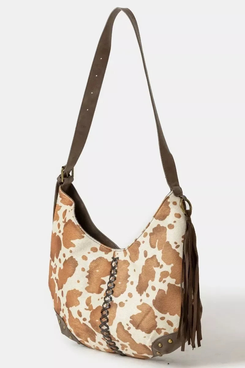 Fame Cow Print Hobo Shoulder Bag with Studded Details - Makw Official Site