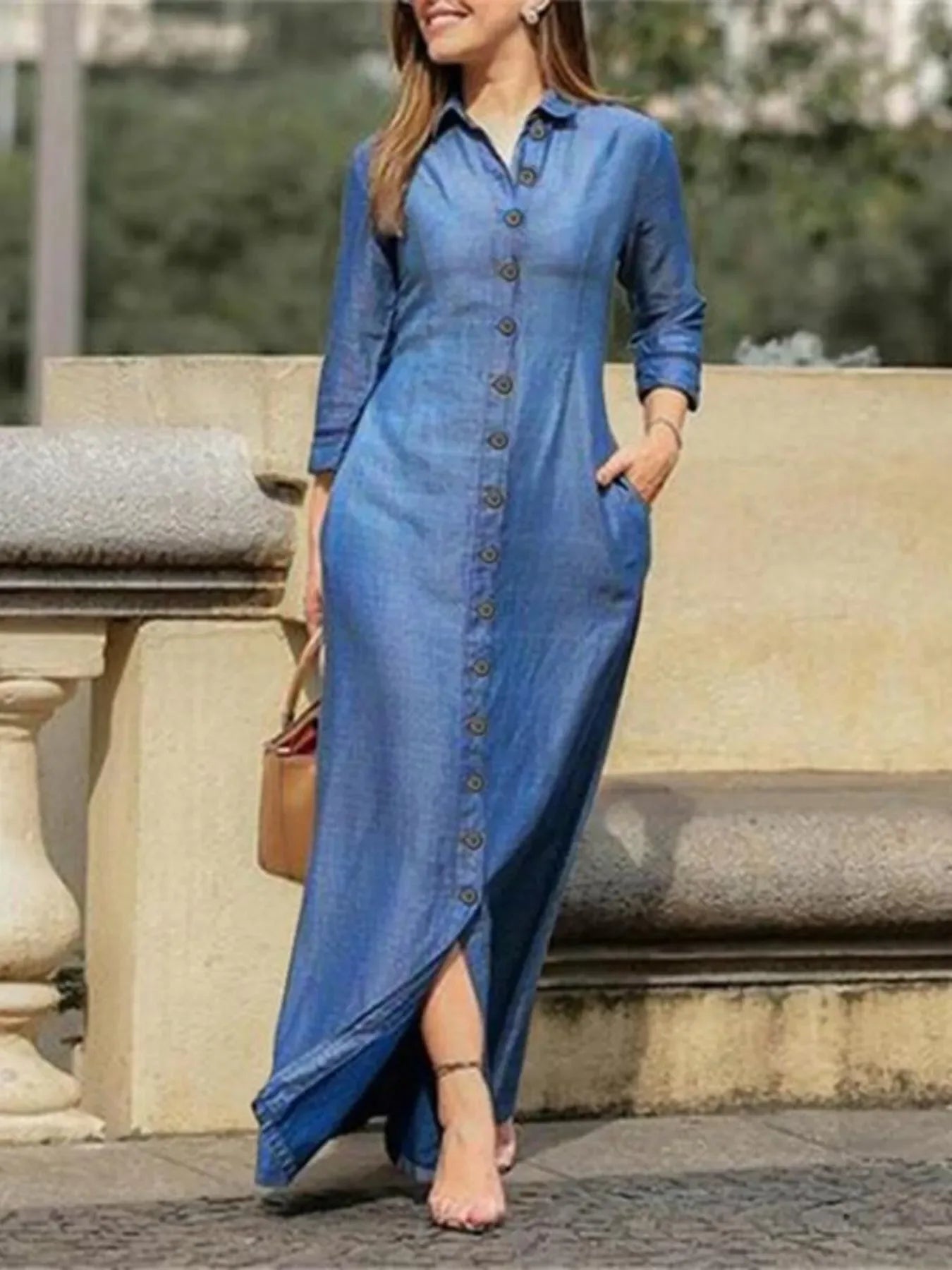 Full Size Button-Down Maxi Denim Dress Plus Size - Makw Official Site