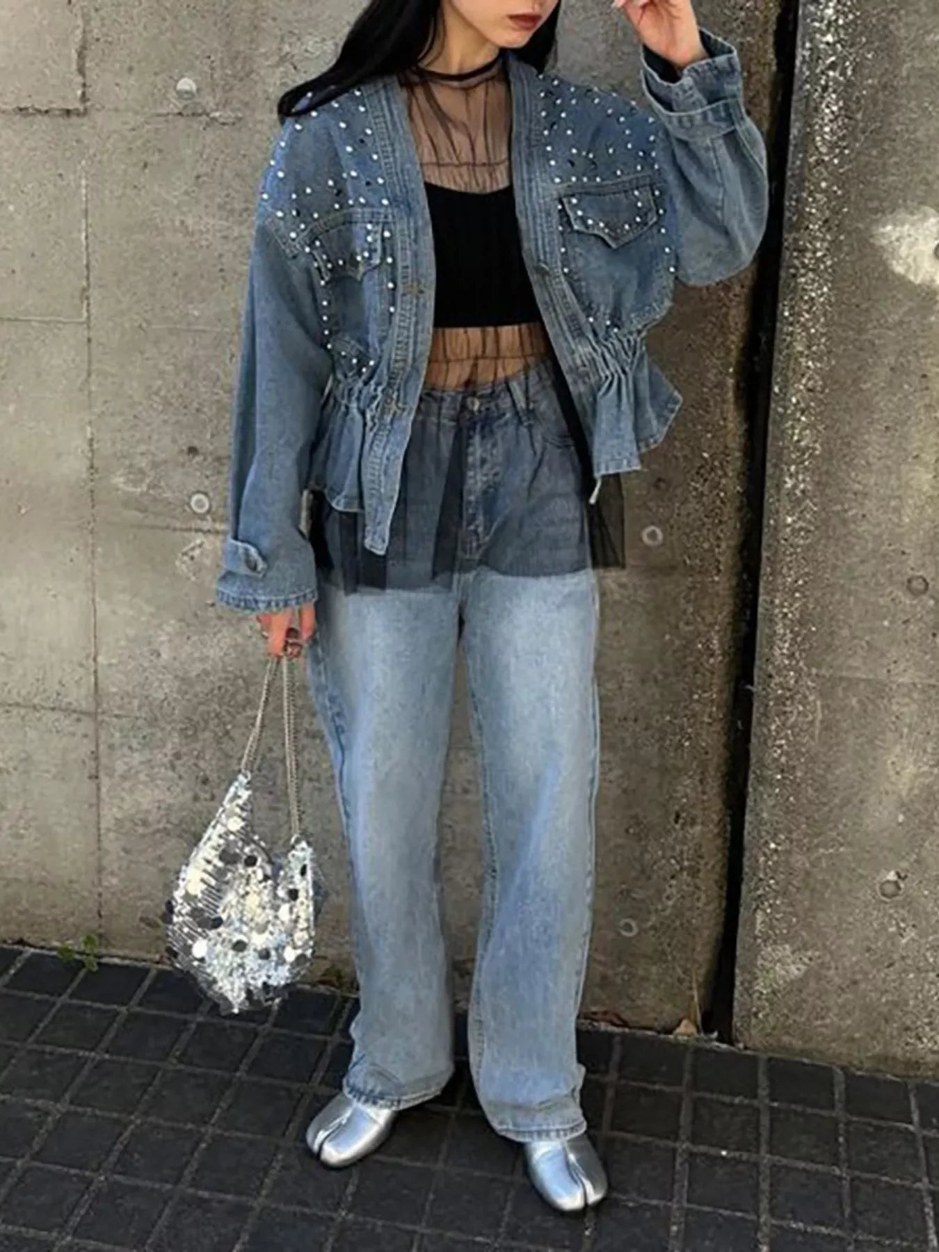 Studded Button Up Denim Jacket - Makw Official Site