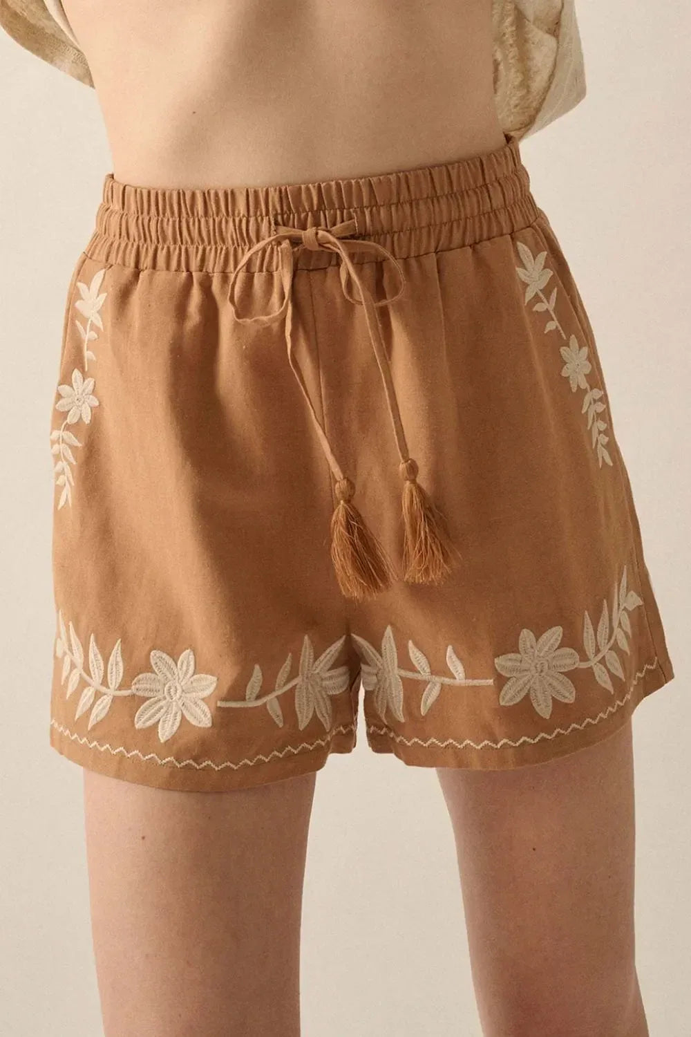 Embroidered Boho Tasseled Drawstring Elastic Waist Casual Shorts - Makw Official Site