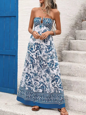 Floral Print Strapless Maxi Dress - Makw Official Site