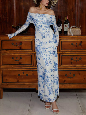 Off-Shoulder Ruched Long Sleeve Maxi Dress - Makw Official Site