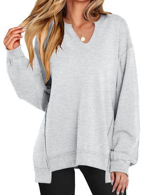 Notched Long Sleeve Oversized Sweatshirt - Makw Official Site