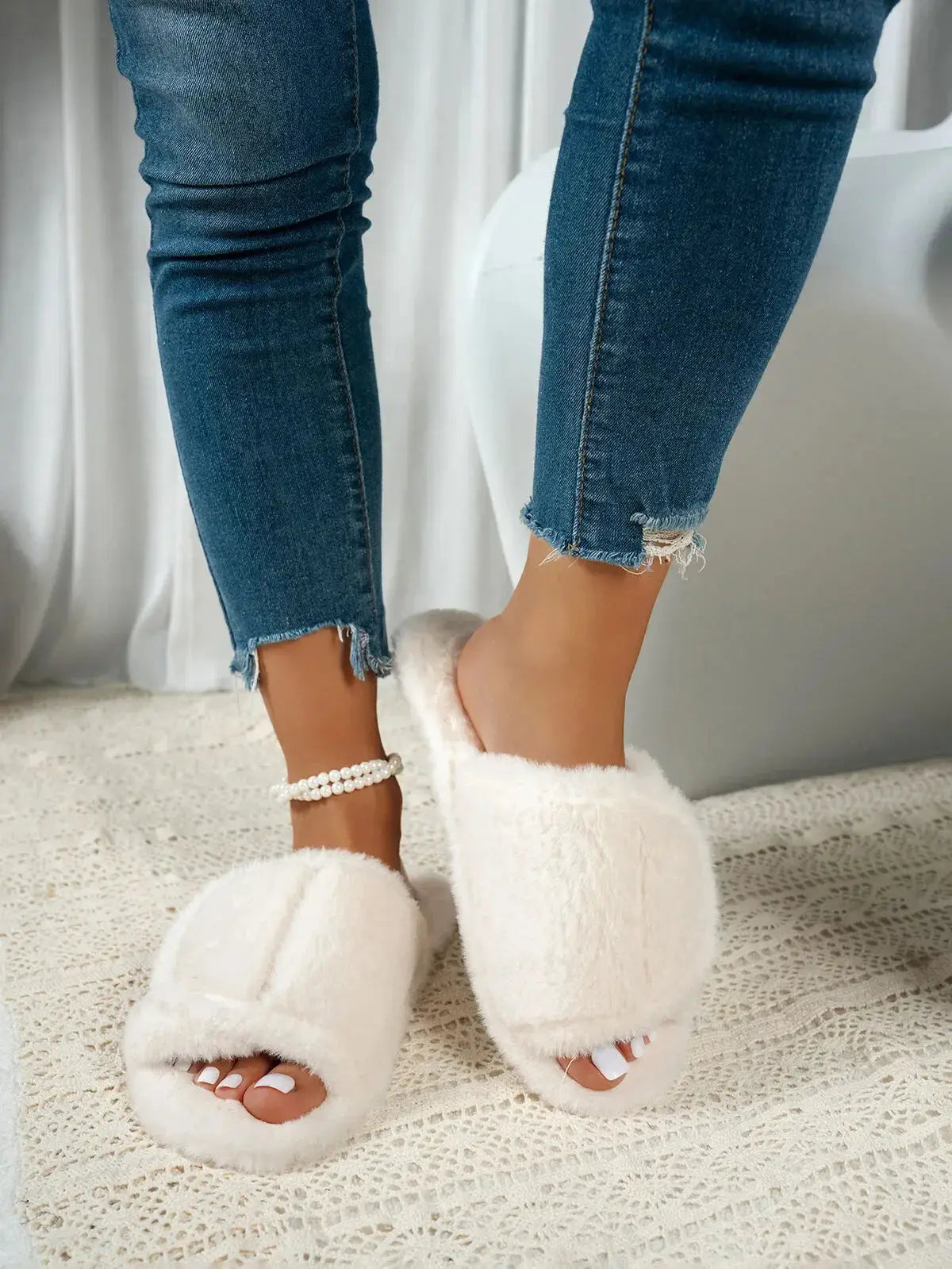 Fuzzy Open Toe Flats Slippers - Makw Official Site