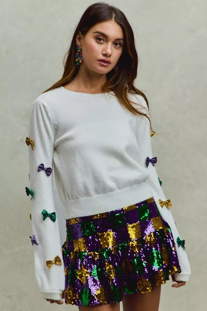 SO ME Mardi Gras Glitter Bow Ribbon Sweater Knit Top - Makw Official Site