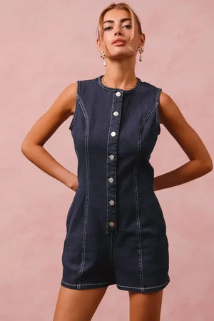 SO ME Button Up Front Washed Denim Sleeveless Romper - Makw Official Site