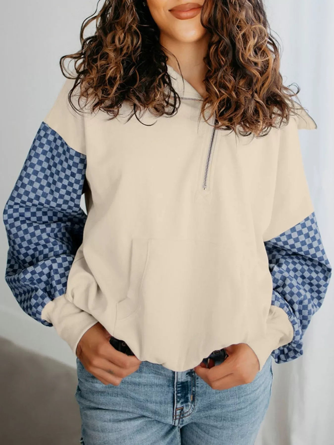 Checkered Color Block Half Zip Sweatshirt - Makw Official Site